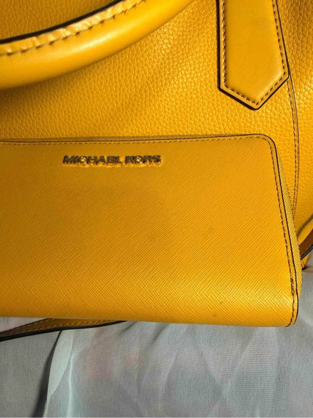 Michael Kors Mustard Yellow Leather Satchel Bag + Zip Wallet Set With Dust Bag